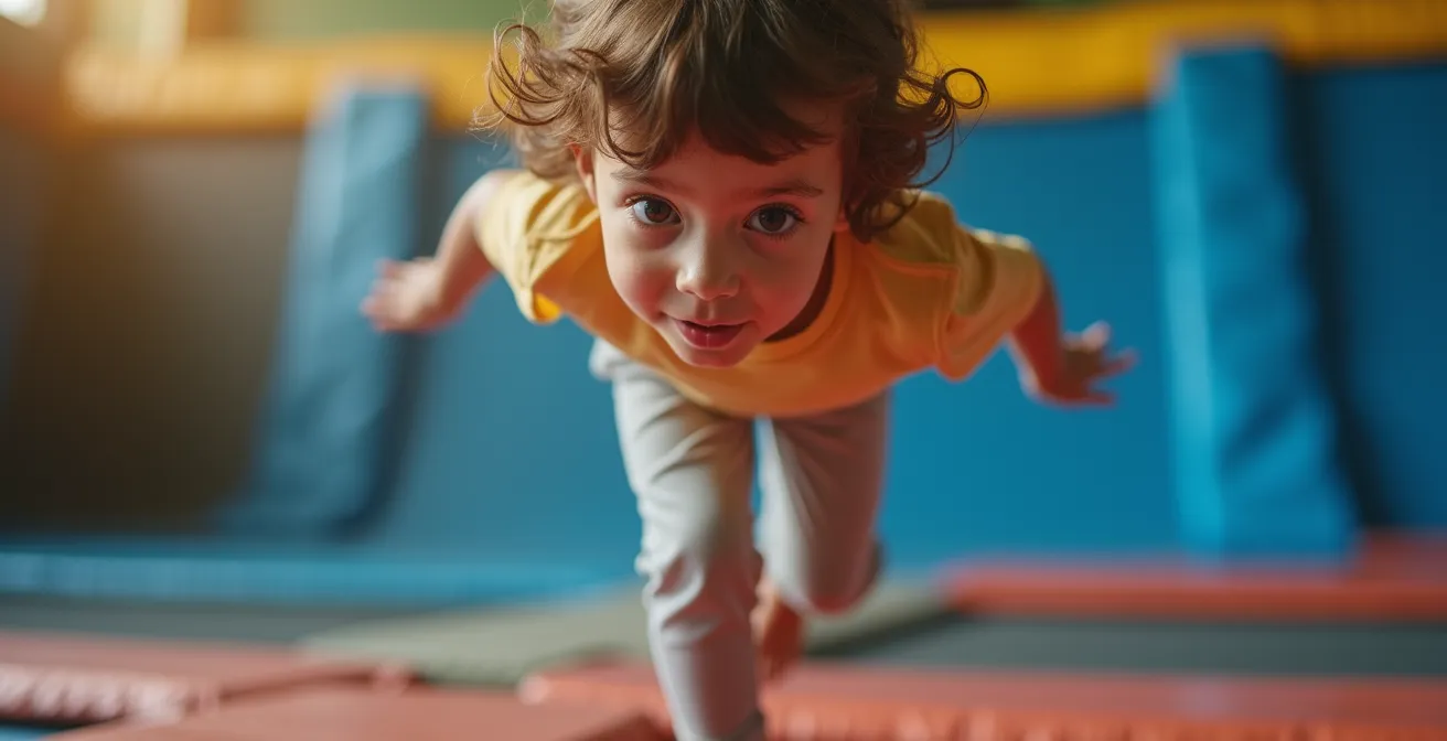 Enfant concentré maintenant son équilibre sur un trampoline