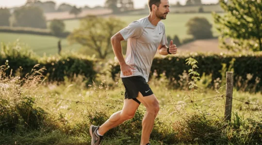 Coureur trail en mouvement avec t-shirt technique rafraîchissant sur sentier français