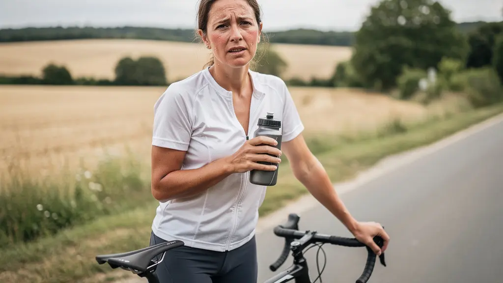 Cycliste en pause hydratation textile technique par temps chaud en campagne française