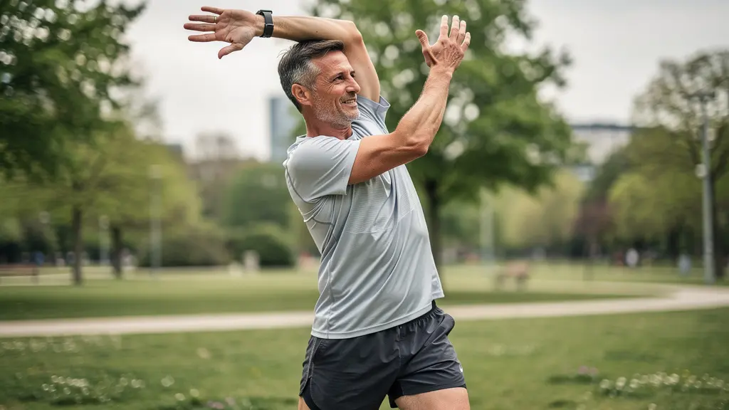 Sportif quarantenaire s'étirant après course avec t-shirt technique en parc urbain