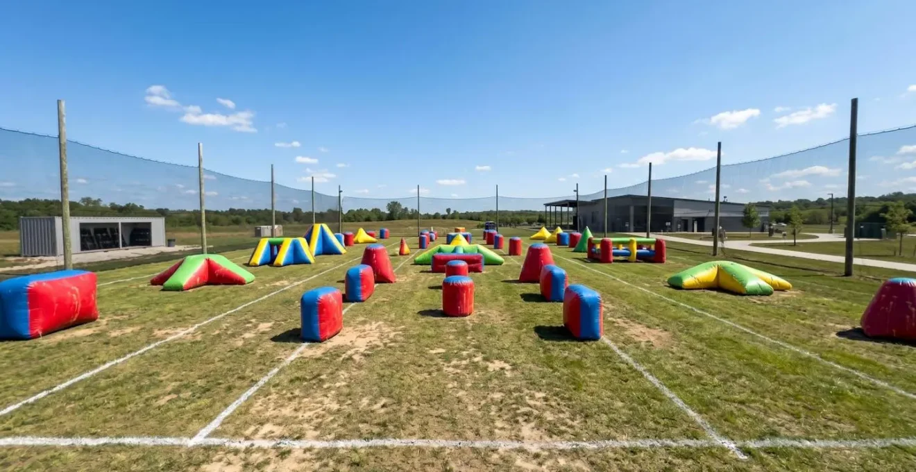 Terrain de paintball extérieur vide avec structures gonflables colorées disposées sur herbe et lignes de délimitation au sol visibles