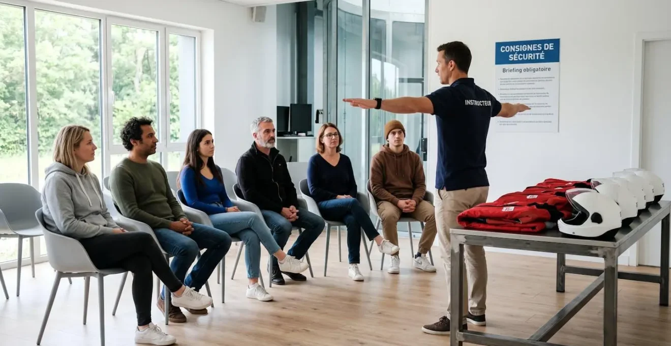 Groupe de six personnes assises écoutant instructeur debout montrant geste sécurité, combinaisons rouges et casques blancs posés sur table métallique, panneau 'Consignes de sécurité' visible au mur, salle briefing moderne lumineuse