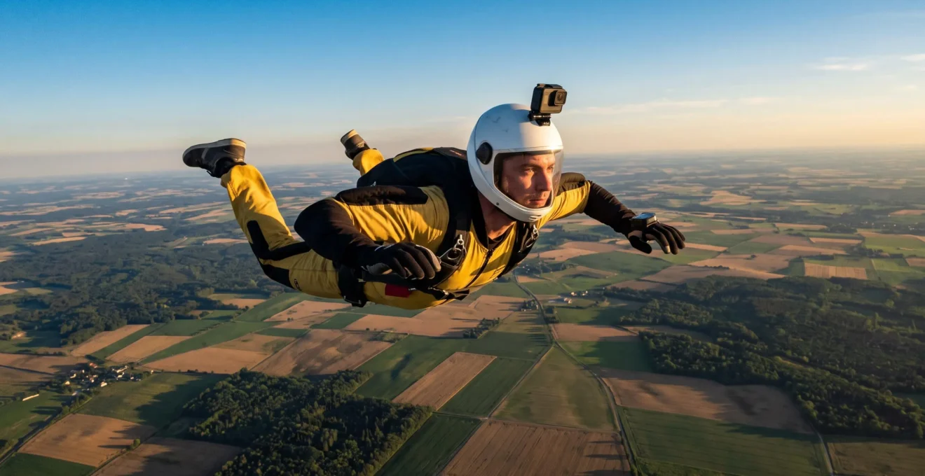 Parachutiste en combinaison jaune et noire en chute libre position ventrale stable, casque caméra visible, ciel bleu au-dessus et patchwork de champs agricoles verts visibles loin en contrebas