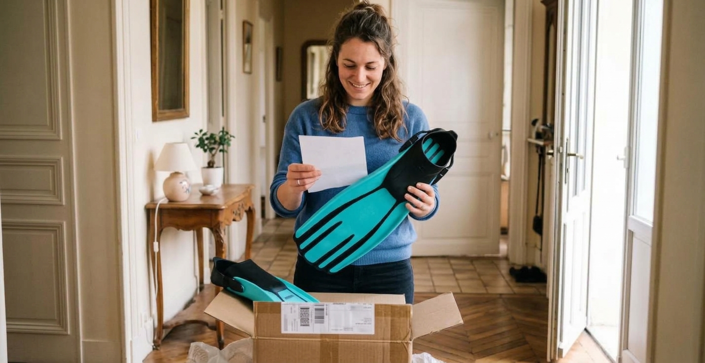 Une femme déballe des palmes de plongée livrées et vérifie le bon de commande.