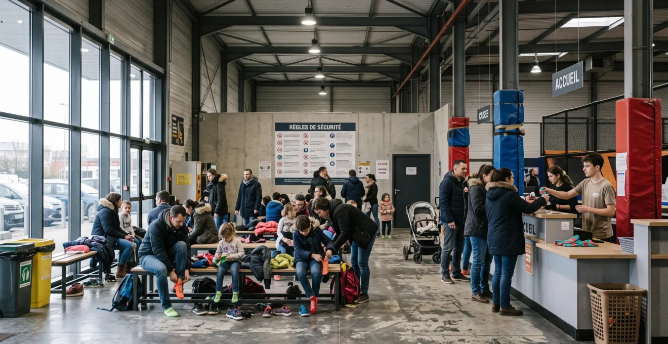 Des adultes enfilent des chaussettes antidérapantes à l'accueil d'un parc de trampolines.