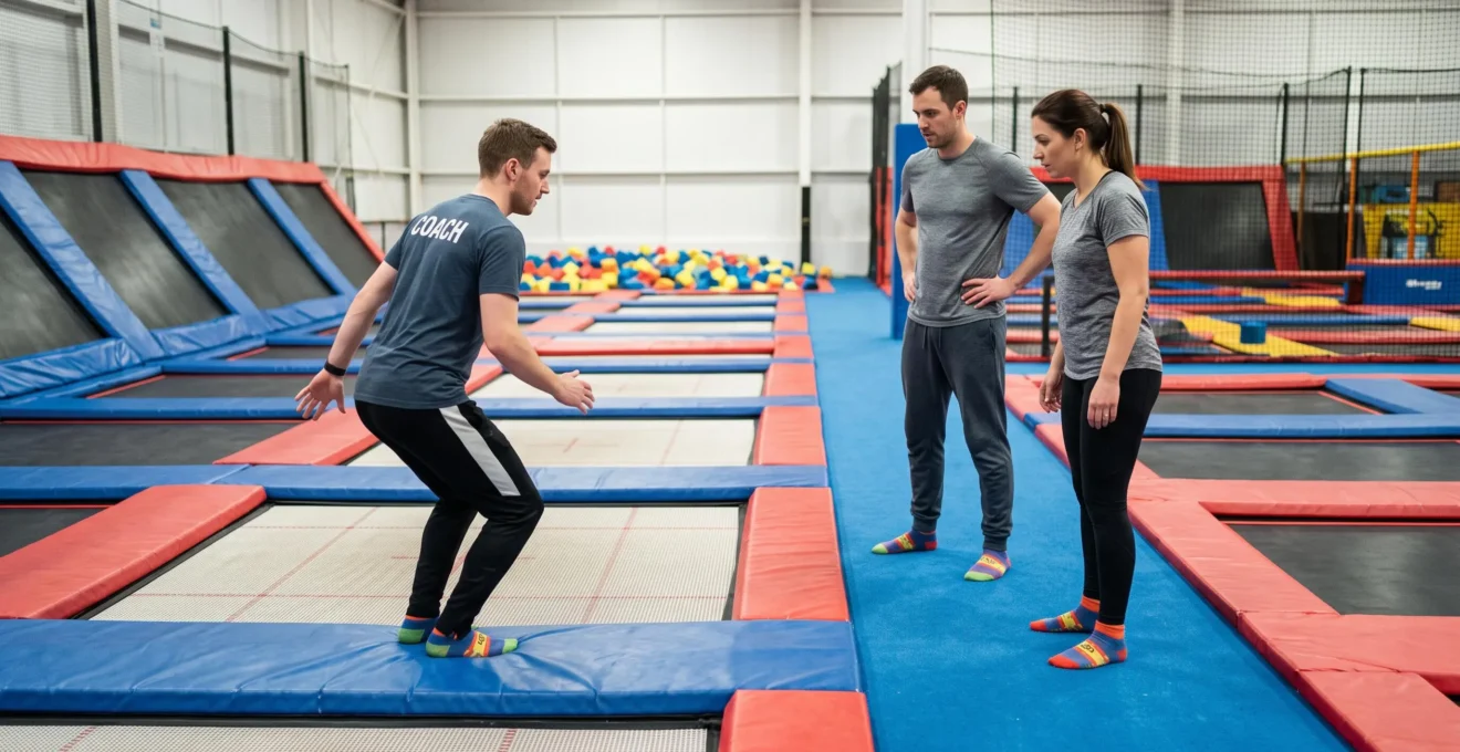 Un coach montre une posture de saut à deux participants devant un trampoline.