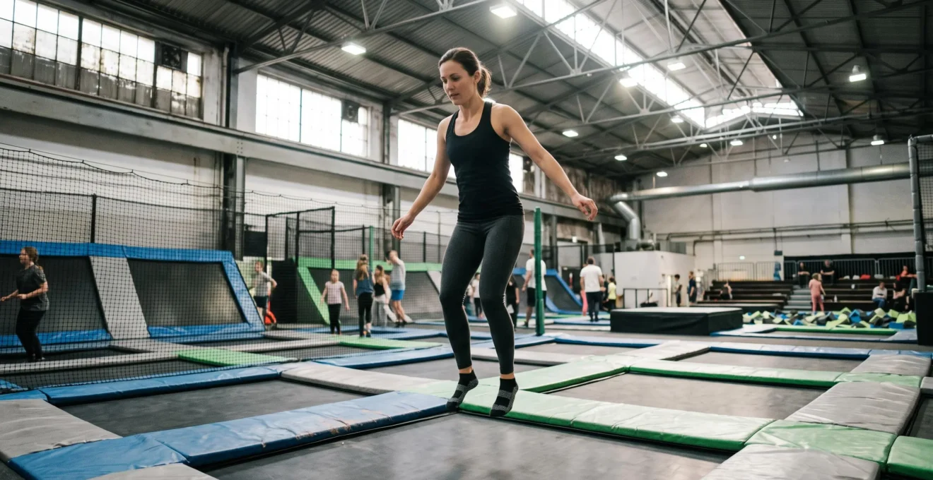 Une adulte saute sur un grand trampoline dans un parc de trampolines couvert.