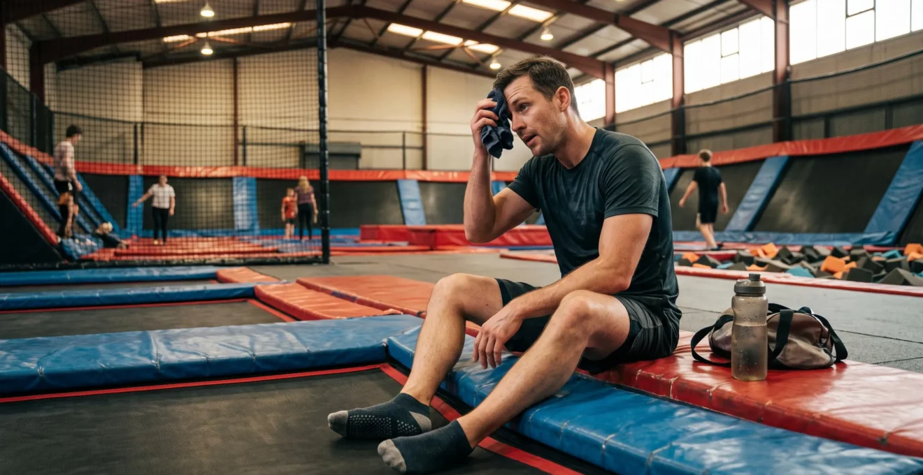 Un homme essoufflé se repose au bord d'un trampoline après un effort intense.
